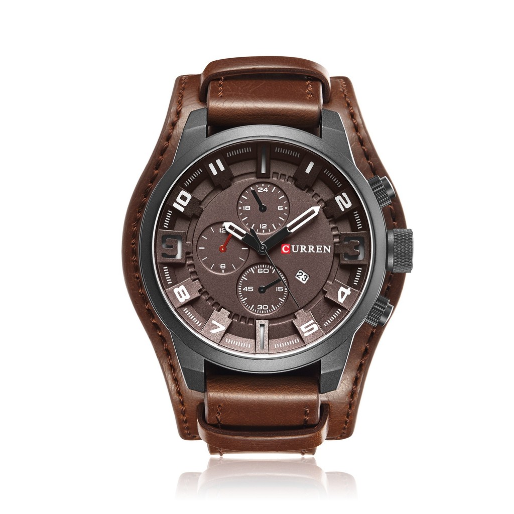 CURREN CURREN 8225 หน้าปัดขนาดใหญ่นาฬิกาผู้ชายปลอมสามตาปฏิทินนาฬิกาเข็มขัดผู้ชาย QLR6