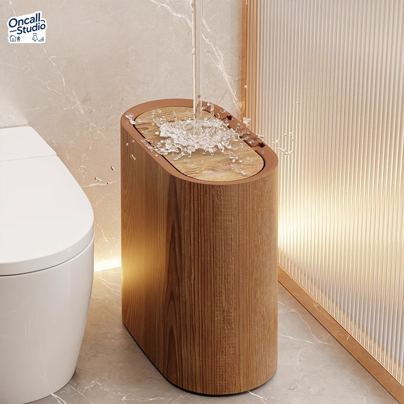 ถังขยะดีไซน์แคบ วางในช่องแคบได้! ลายไม้เทียม ฝาปิดมิดชิดกันกลิ่น สำหรับห้องน้ำและห้องรับแขก - รูปที่ 3