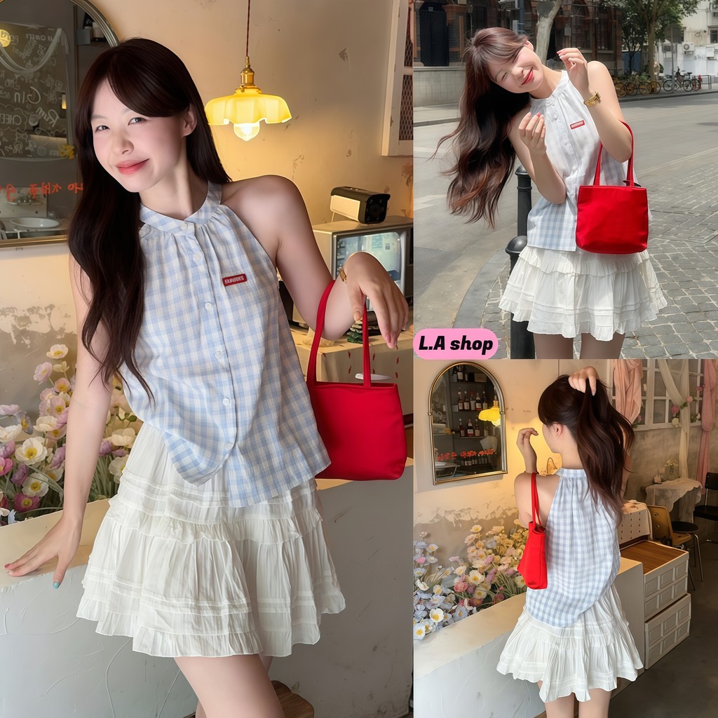 L.A Shop★เสื้อคุณภาพดี เสื้อแขนกุด คล้องคอ ลายสก็อตสีน้ำเงิน สไตล์เกาหลี สไตล์หวาน FY6509-0 – โปรปัง