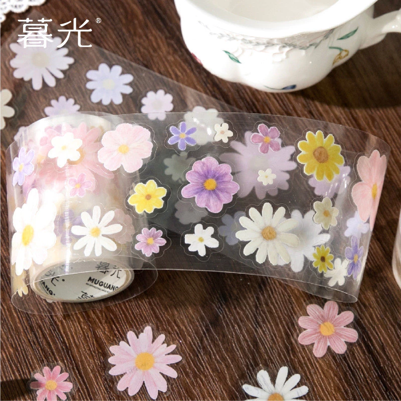 PET เทปสติกเกอร์สําหรับ Journaling Pre-Cut Daisy ดอกไม้ Washi เทปสติกเกอร์ตกแต่งเทปสําหรับงานฝีมือ Scrapbooking Junk Journal Supplies