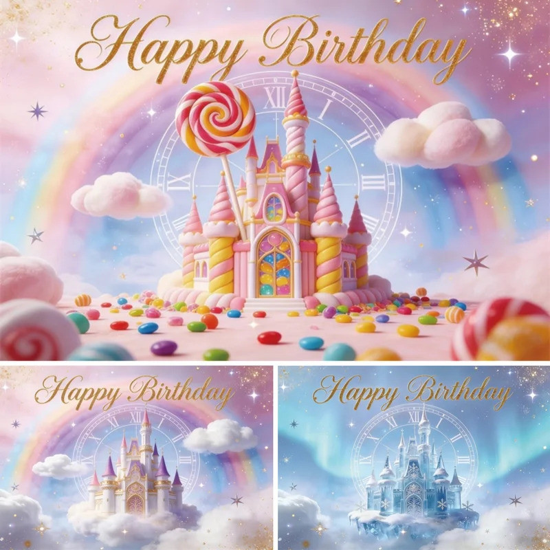 Dreamy Castle การถ่ายภาพฉากหลัง Rainbow Clouds Candy Princess Girls Happy Birthday Party Portrait ตก