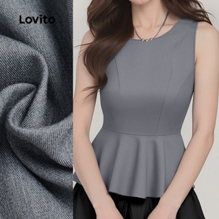 Lovito  เสื้อสตรีสีเทา ดีไซน์หรูหรา ชายเสื้อแต่งระบาย ทรงสวย…