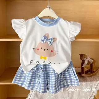 Dolemi Baby ชุดเซต เด็กหญิง กางเกงขาสั้น ลายสก๊อต แขนระบบาย ลายกระต่าย คอกลม
