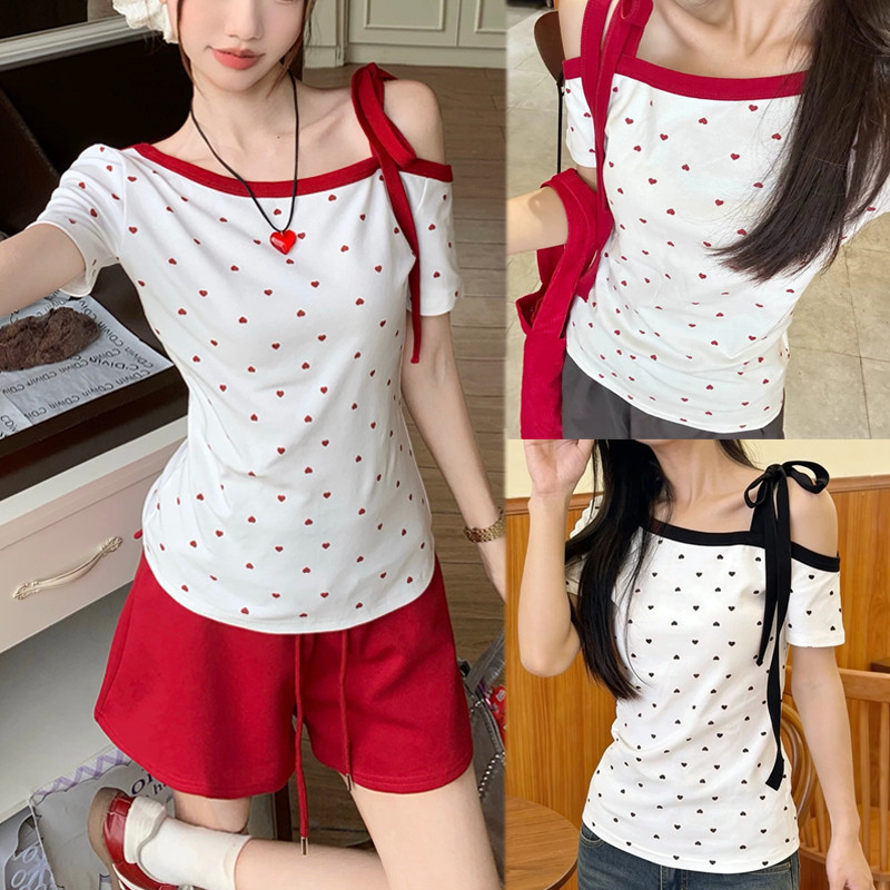 BIMI ขนาด S-2XL เสื้อปาดไหล่ผู้หญิง ลายจุด สไตล์เกาหลี ดีไซน์สุดคลาสสิก แขนสั้นเสื้อยืด สายรัด ฤดูร้อน ทุกโอกาส