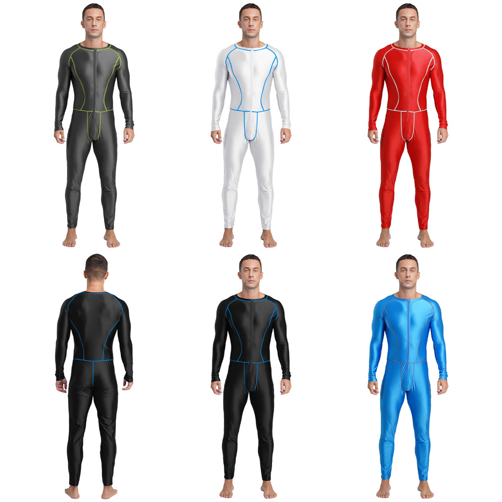 Nikiikoo Mens Glossy Slim Jumpsuit ตะเข็บแบน ซิปด้านหน้า แขนยาว กางเกงขายาว สําหรับว่ายน้ําและโยคะ