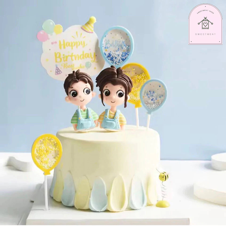 ตุ๊กตาผู้หญิงมัดผม ตุ๊กตาแต่งเค้ก ตุ๊กตาปั้นแต่งเค้ก ป้ายปักเค้ก ป้ายHappy Birthday