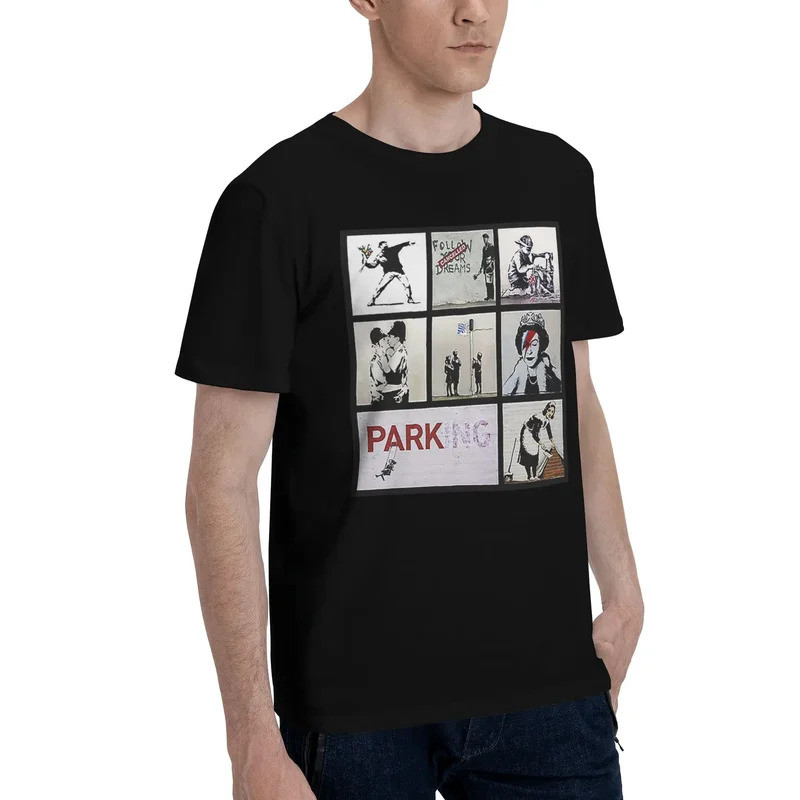 Banksy Montage 01 เสื้อยืดผู้ชายลาย Banksy หลากหลายแบบ ไซส์ใหญ่ เสื้อยืดคอกลมผ้าฝ้ายแขนสั้นสำหรับผู้