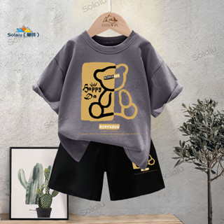 ชุดสูทแขนสั้นเด็กชายสไตล์ใหม่ลายหมีหลวมคอกลมด้านบน + กางเกงข…