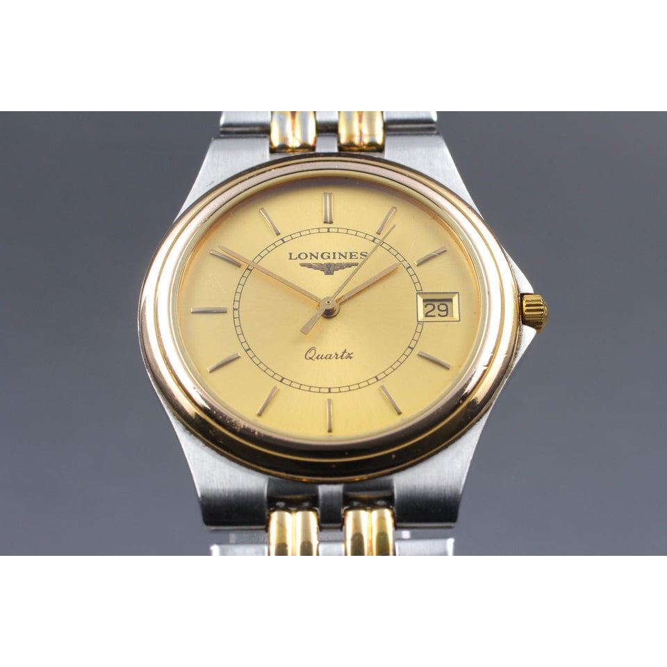 Vintage [exc+5] longines 156 7283 gold round date 32mm qz men's watch from japan