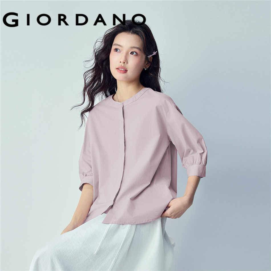 GIORDANO WOMEN 100% Cotton concealed placket 1/2 sleeve blouse 13346204