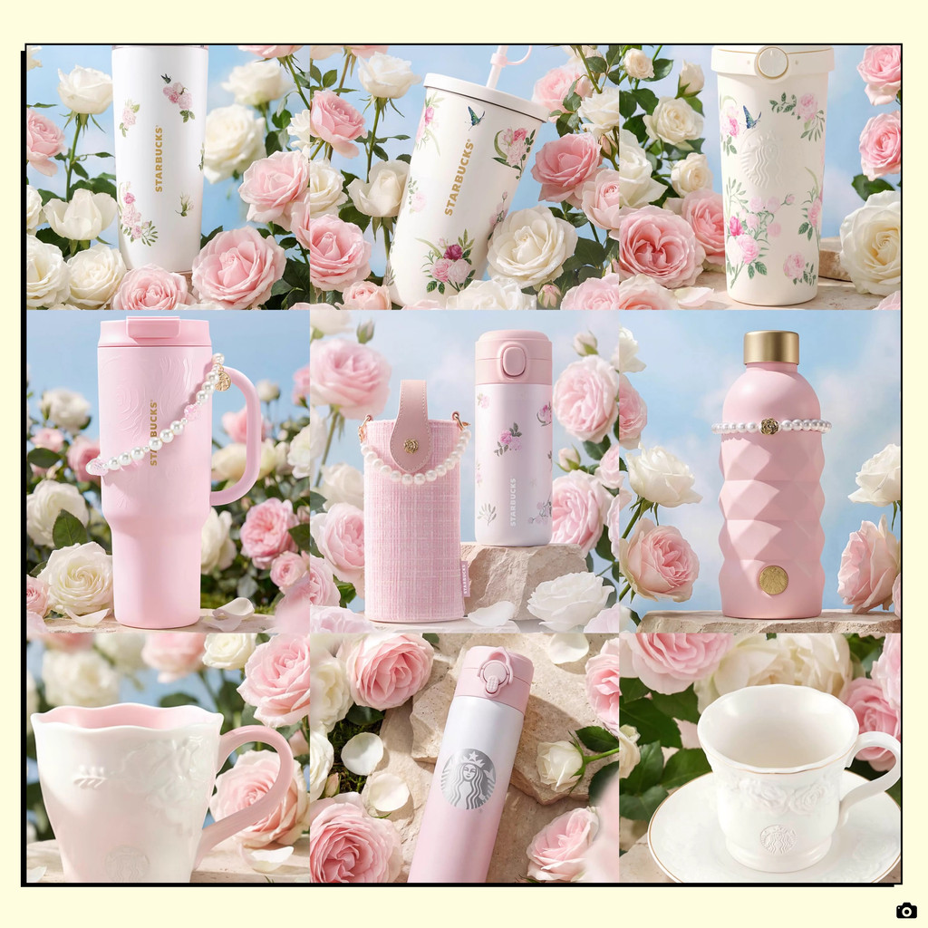 2026 Starbucks ฤดูใบไม้ผลิหมื่นดอกไม้ Rose กระจก Rose นูนดอกไม้สด ins Mark ฟางคู่ดื่มปาก Thermos ถ้วย