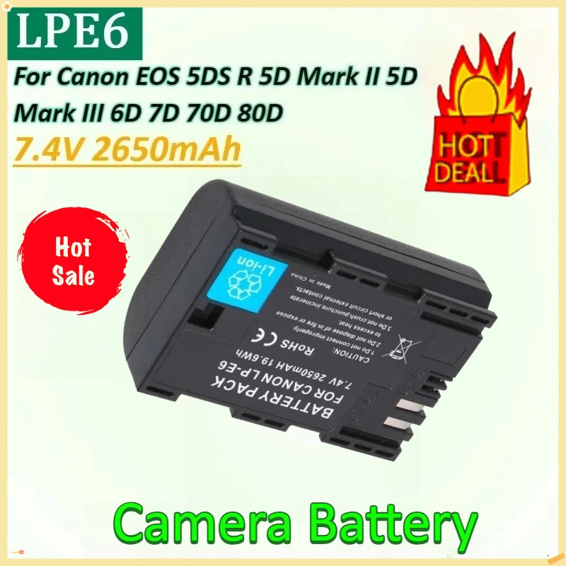 7.4V 2650mAh LP E6 LPE6 LP-E6 E6N แบตเตอรี่กล้องสําหรับ Canon 5DS EOS R 5D Mark II 5D Mark III 70D 6