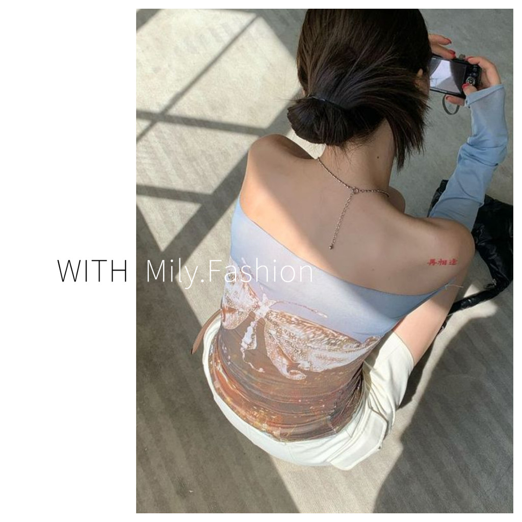 Milyfashion Y2K Butterfly Printing Gauze Long Sleeve T Slim Short Top