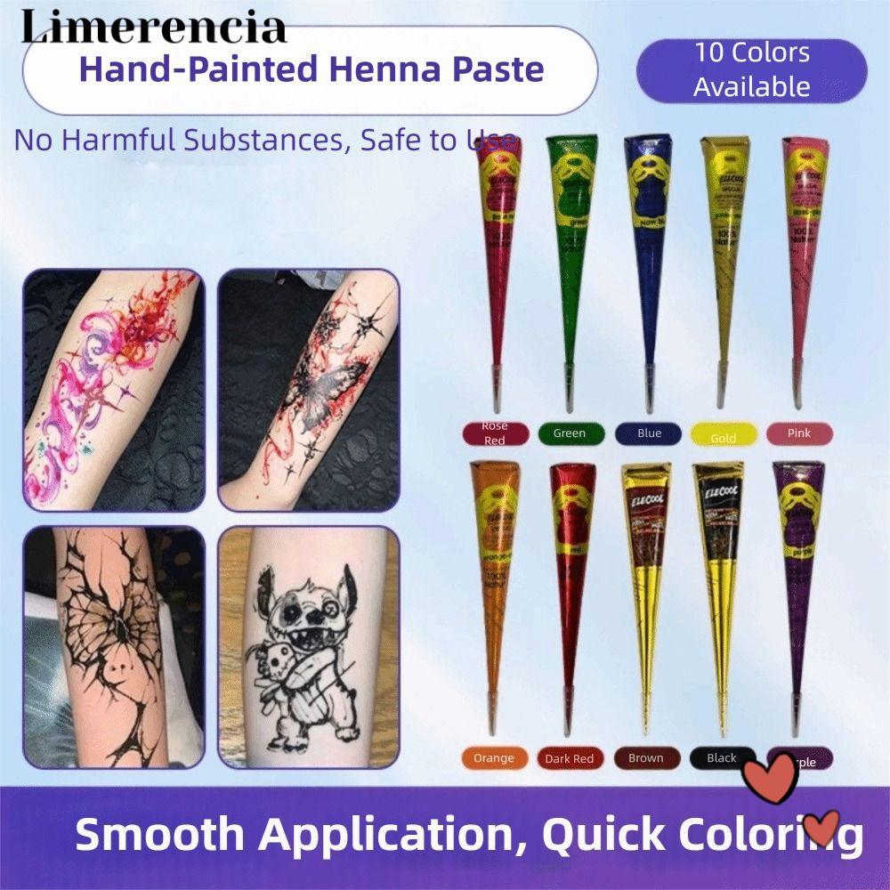 LIMERENCIA Henna Tattoo Cream, Black Brown Easy-To-Use Henna Paste Cone, Henna Tattoo Cream ชั่วคราว