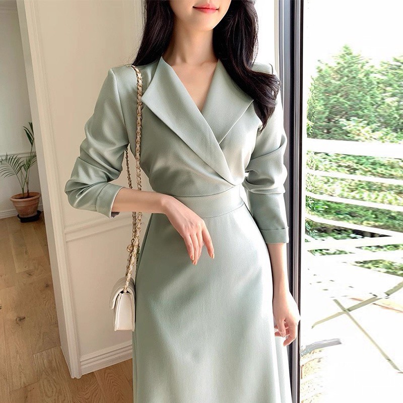green long sleeve dress สาวอวบ เดรสสีเขียวสาวอวบ เดรสผู้หญิง เกาหลี คุณหนู สบายๆ สุภาพ new 2026
