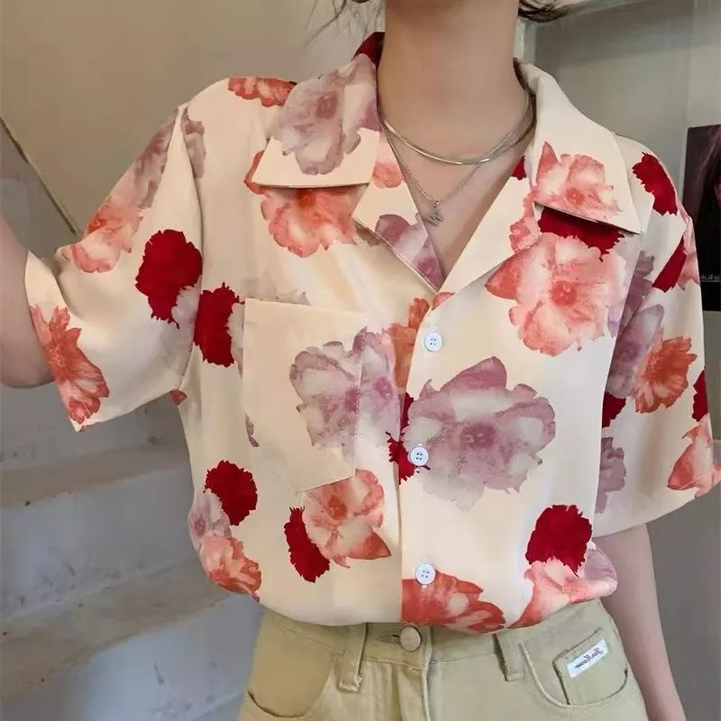 เสื้อเชิ้ตแขนสั้นคอวีลายดอกไม้ สไตล์ย้อนยุคผู้หญิง