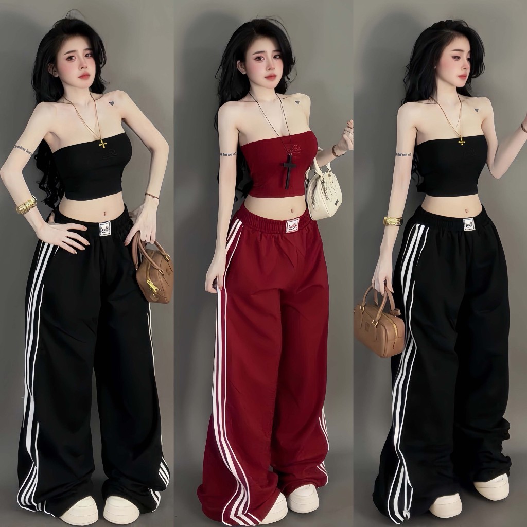 Set 2 ชิ้น เสื้อเกาะอก + กางเกงหลวมลาย Gigi Closet QCCC SE0050