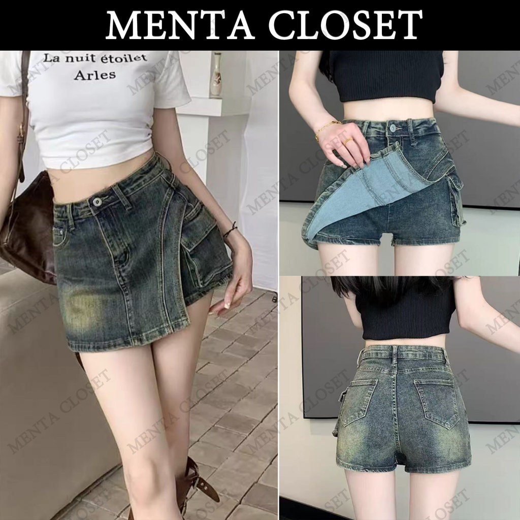MentaCloset กางเกงยีนส์ขาสั้นรุ่นใหม่ กางเกงกระโปรงแนววินเทจ สไตล์เอวสูงรูปแบบA กางเกงขาสั้นไซส์ใหญ่ V82