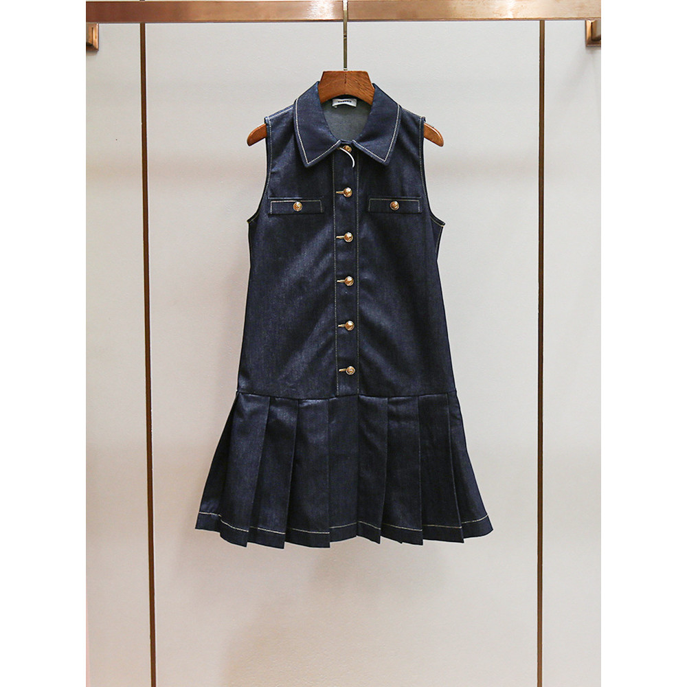 B7O9 sandro Summer new vintage Hepburn style lapel pleated patchwork single-breasted sleeveless tank
