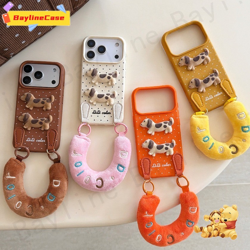 ขายร้อนInsน่ารัก3Dสองลูกสุนัข+สายรัดข้อมือPlushลายลิ้นจี่เคสโทรศัพท์เข้ากันได้กับiPhone 17 16 15 14 13 12 11 Pro Max X Xr Xs Max 8 7 Plus Cover