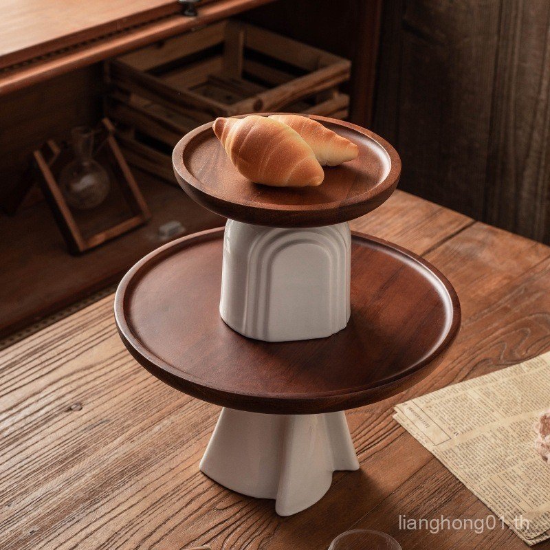 พร้อมสต็อกขายส่ง Acacia ถาดไม้เค้กห้องนั่งเล่นในครัวเรือนจานขนม Clay High-Foot ผลไม้แผ่น Pastry Cand