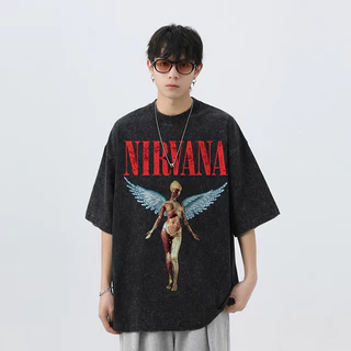 (จัดส่งตลอด 24 ชั่วโมง)Woo Right ผ้าฝ้าย100% Nirvana วงดนตรี เสื้อยืดผ้าฟอก oversize ผ้าคอตตอน100% สไตส์อเมริกา I001113
