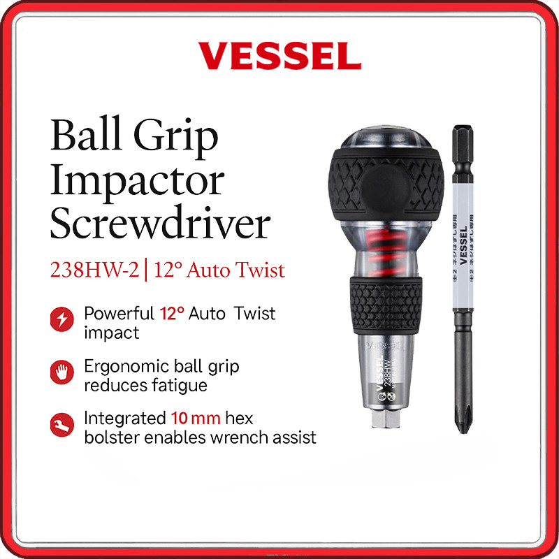 VESSEL Ball-Grip Impact Screwdriver – Models 238HW-2, 12° Torque-Boost, 10 mm Hex Bolster, Made in J