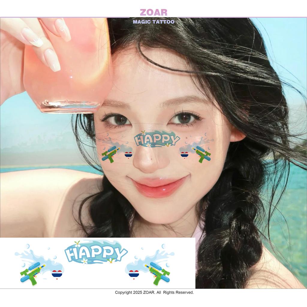 [ส่งไทย] ZOAR สติ๊กเกอร์ติดหน้าสงกรานต์ แทททูกันน้ำ ลายการ์ตูนน่ารัก รอยสักชั่วคราว ติดทน ลอกง่าย