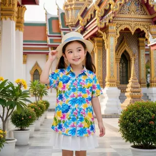 เสื้อสงกรานต์ลายดอกเด็กโต ผ้าคอตตอน100% สีไม่ตก ผ้าไม่หด 10-12ปี น้ำหนัก30-45kg สูง140-160cm รุ่น013