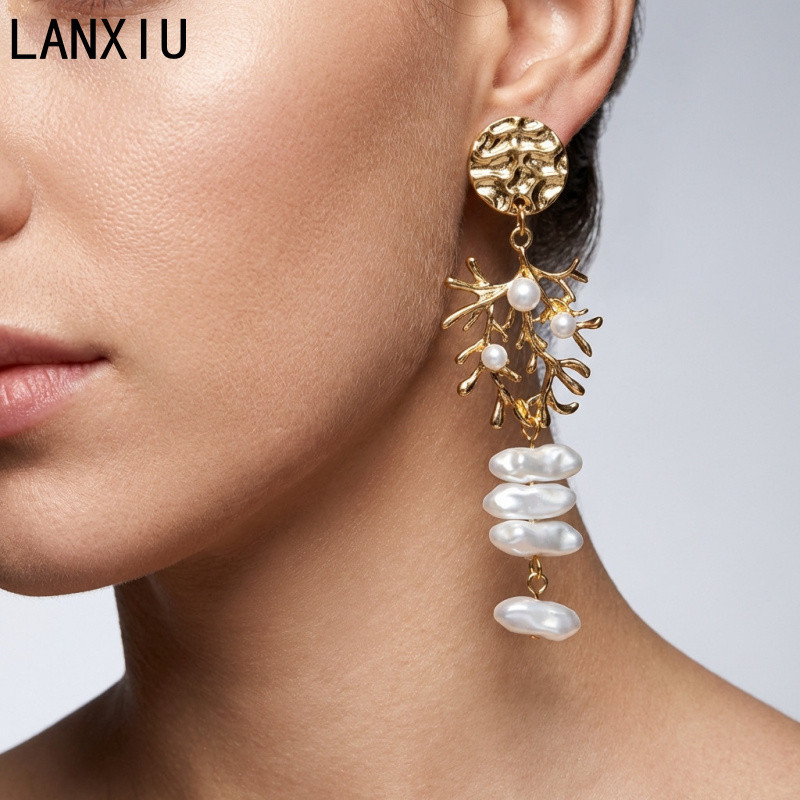 LANXIU Gold Geometric Coral Bohemian ต่างหูพู่ Vintage Pearl Long Drop วันหยุดเครื่องประดับสําหรับผู้หญิง