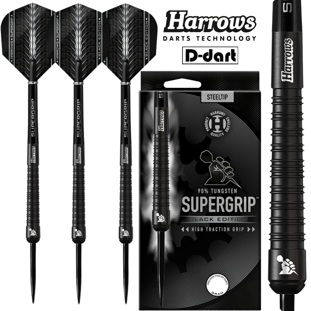 HARROWS STEEL TIP DARTS - 22G/23G/24G SUPERGRIP BLACK EDITION 90%TUNGSTEN STEEL DART SET