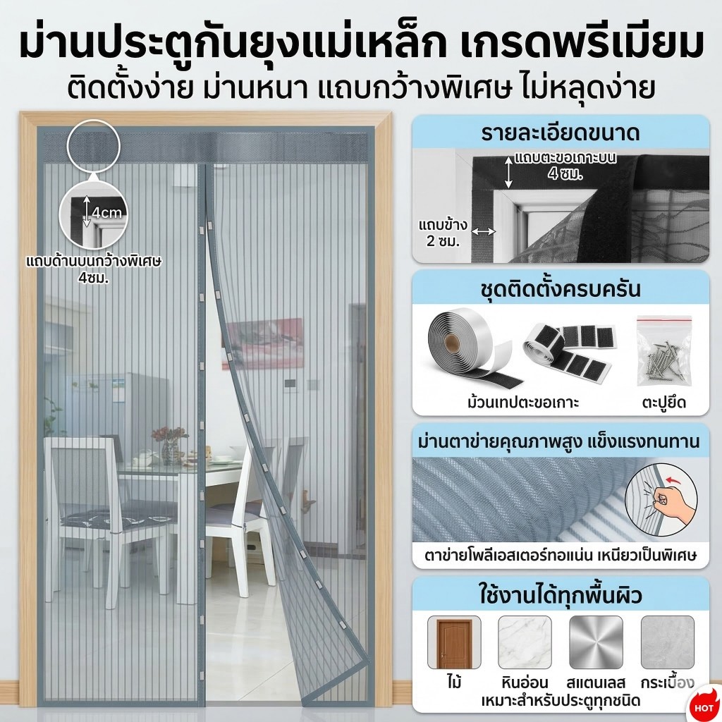 ม่านกันยุงแม่เหล็ก มุ้งลวดไฟเบอร์กลาส กันหมาแมวเกา เกรดพรีเมี่ยม ขอบกว้าง 4cm ติดแน่นไม่ต้องเจาะ