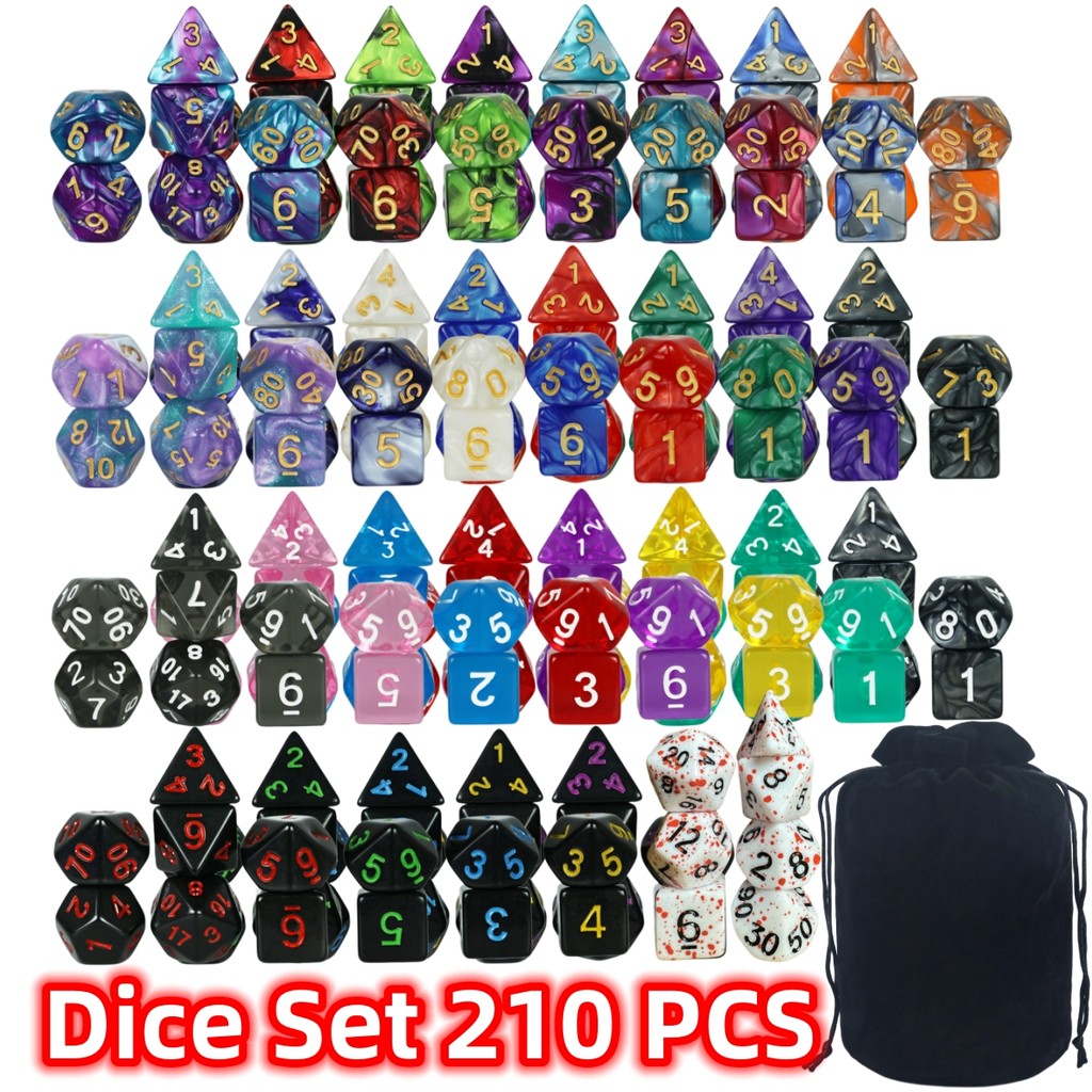 DND ลูกเต๋า 30 ชุด (210 ชิ้น) อะคริลิค Polyhedral ชุดลูกเต๋าพร้อมกระเป๋ากํามะหยี่สําหรับเกมบทบาทเล่น