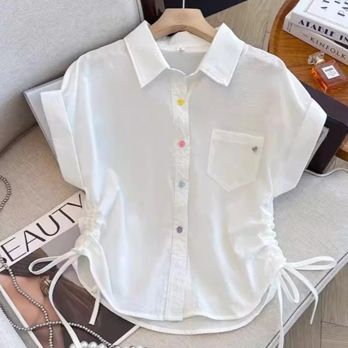 99177เสื้อเชิ้ตแขนสั้นลายทางสำหรับผู้หญิงรับซัมเมอร์ ดีไซน์ผูกเชือก สไตล์เกาหลี ทรงหลวม ใส่สบายและใช้งานได้หลากหลาย