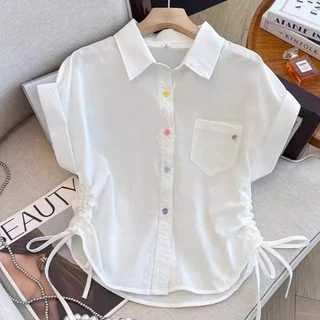 99177เสื้อเชิ้ตแขนสั้นลายทางสำหรับผู้หญิงรับซัมเมอร์ ดีไซน์ผูกเชือก สไตล์เกาหลี ทรงหลวม ใส่สบายและใช้งานได้หลากหลาย