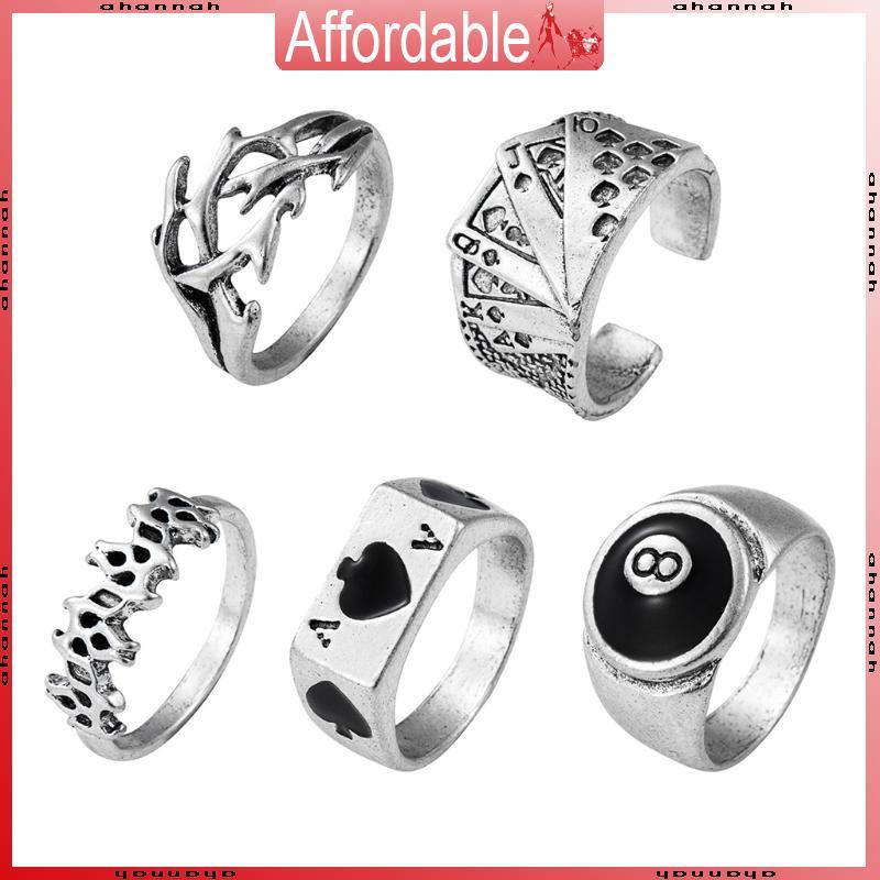 AH เกมโลหะผสมวินเทจ Royal Sraight Casino Flush Festival Party Ring 5 ชิ้น