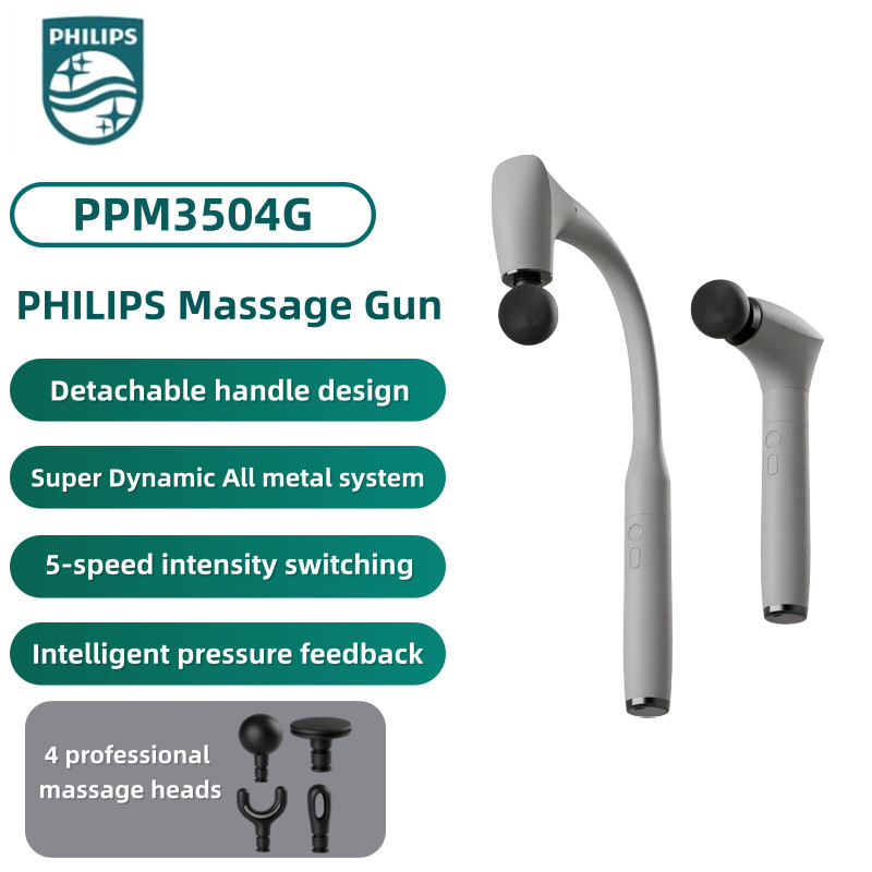 ปืนนวดกล้ามเนื้อ Philips PPM3502G PPM3504G ด้ามยาวโค้งนวดหลังได้เอง แอมพลิจูด10มม ปรับความเร็ว5ระดับ หัวนวด4แบบ