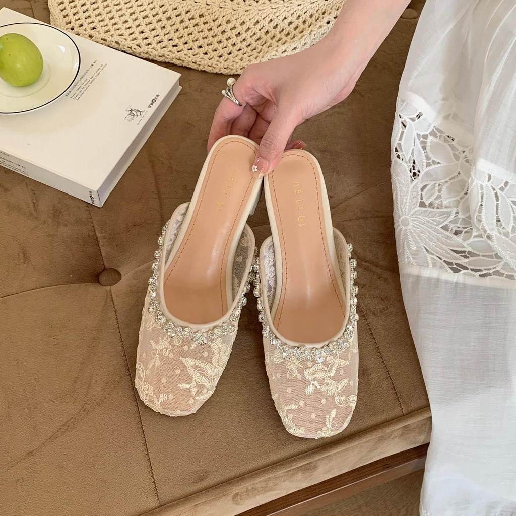TT Lace Sweet Female Anti-Slip Slip-on Mules Spring Summer Sandals