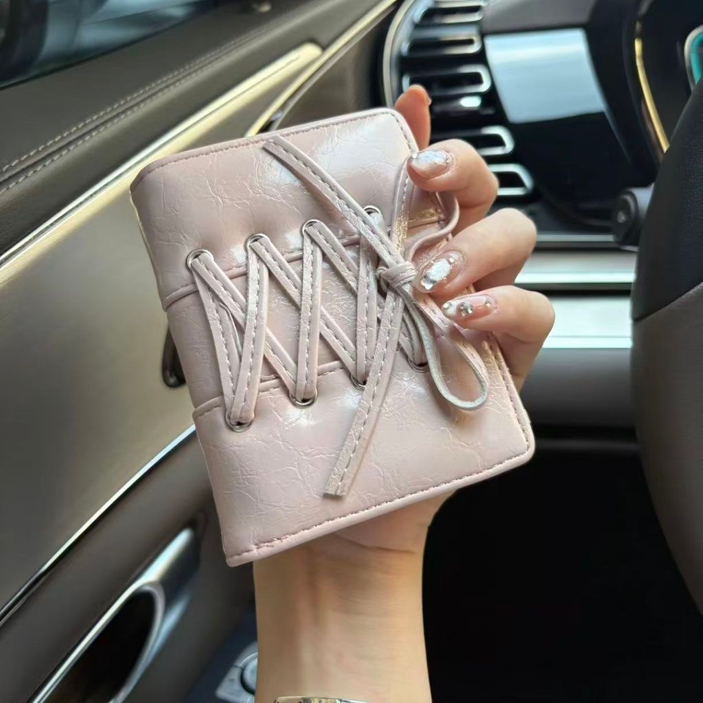 สไตล์เกาหลีใหม่สไตล์บัลเล่ต์~Laced-Up Bow Girls Two-Fold Y2K ขนาดใหญ่-ความจุกระเป๋าสตางค์ Multi-Card