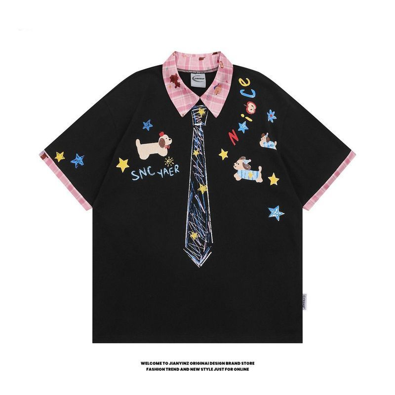 设计感趣味小狗涂鸦polo领带假两短袖T恤男女学院风情侣上衣潮3. and Fun Puppy Graffiti Polo Tie Faux Two-piece Short-sleeve T-shir
