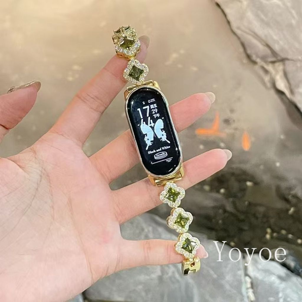 เพชร Four-leaf Clover สําหรับ Xiaomi Mi Band 10 9 8 7 Pro Watchband สร้อยข้อมือโลหะสําหรับ Redmi Watch 4 5 6 Starp ﻿