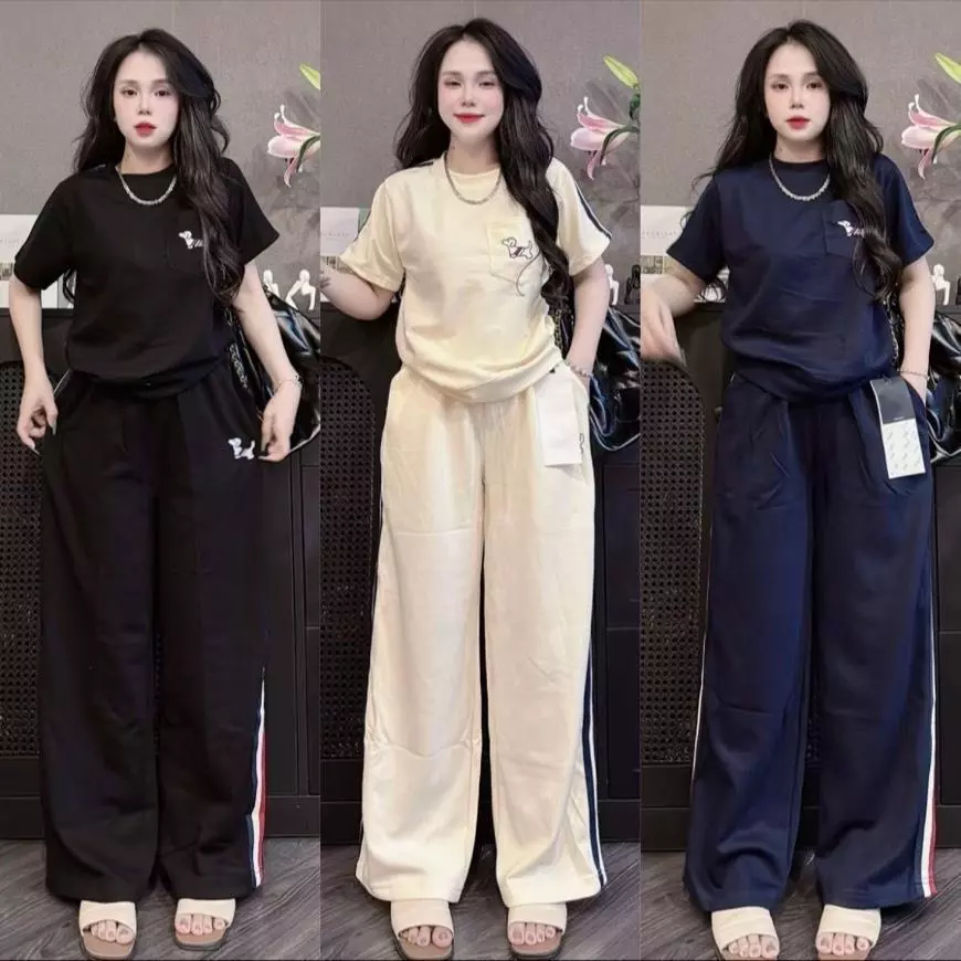 ชุดเซ็ต 2 ชิ้น งานปักน้องหมา แต่งแถบข้าง คอกลม มีกระเป๋าเสื้อ S329 ผ้าวูลเวฟ กางเกงขายาว เอวยางยืด มีกระเป๋าข้างใส่สบาย
