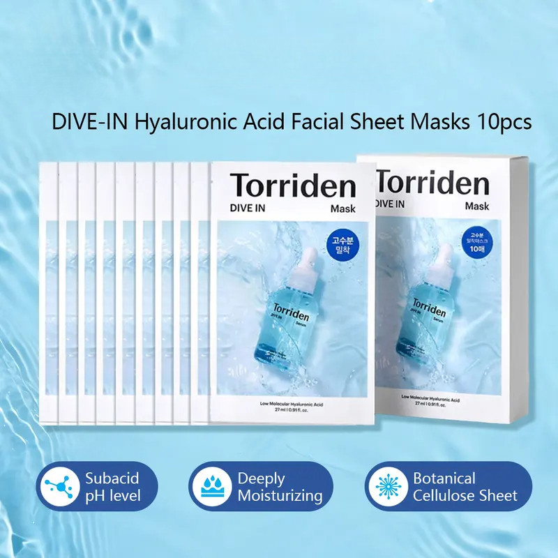 DIVE-IN มาส์กแผ่นหน้ากรดไฮยาลูโรนิก 10 ชิ้น,Thin & Skin-Conforming,ให้ความชุ่มชื้นอย่างลึก,K-Beauty,แต่งหน้าเกาหลี