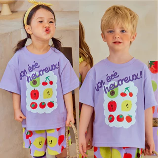 เสื้อยืดเด็กผ้าฝ้ายแขนสั้น สีม่วง พิมพ์ลายผลไม้ เหมาะสำหรับเด็กชายและหญิงในหน้าร้อน สำหรับเด็ก 3-12 ปี