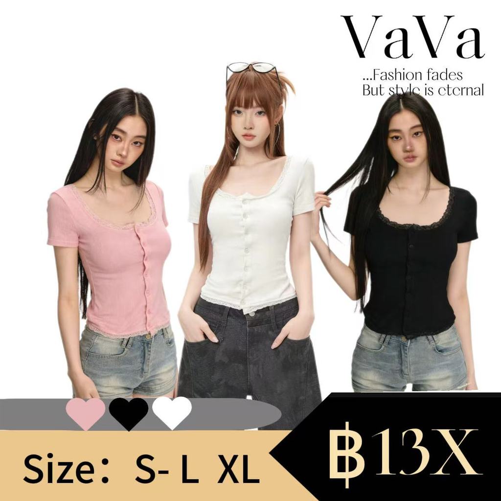 VaVa【ในสต็อก】เสื้อยืดแขนสั้นผ้าลูกไม้สำหรับผู้หญิง สไตล์ใหม่ฤดูร้อนปี 2026 ผ้าฝ้ายแท้ เสื้อครอปสั้นเซ็กซี่