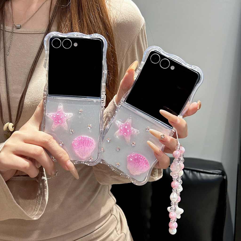 LUSHUO เคสโทรศัพท์สําหรับ Samsung Galaxy Z Flip 7 6 5 4 3 ค้นหา N2 N3 พลิกน่ารักสีชมพู Star Shinny ป