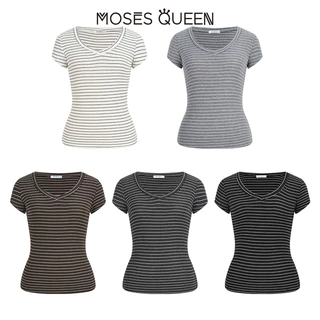 < MOSESQUEEN > เสื้อสูทแขนสั้น คอวีดลายเส้น สตริปส์ ใส่สบาย ผ่อนคลาย ระบายอากาศได้ดี เหมาะสำหรับการออกเดทในชีวิตประจำวัน #63457