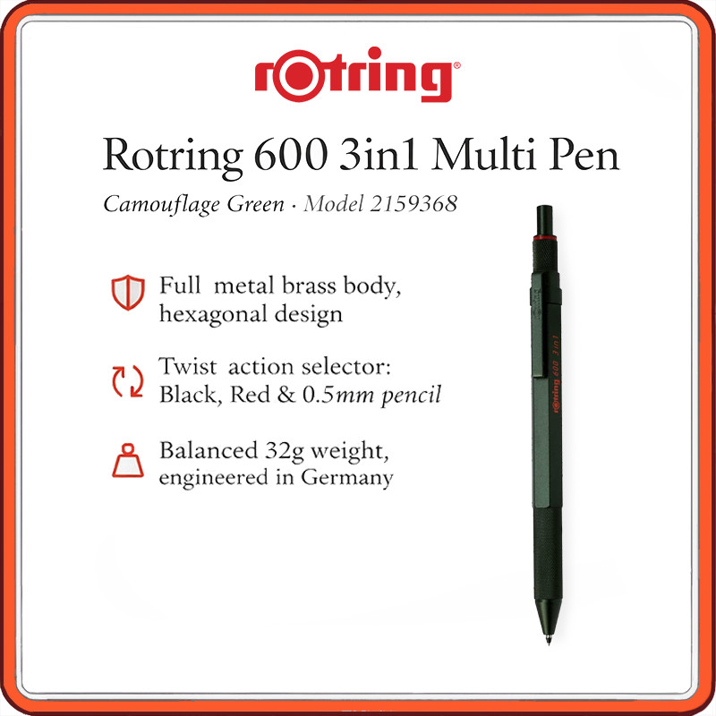 Rotring 600 Multi Pen — 3-in-1 Ballpoint & 0.5 mm Mechanical Pencil, German Brass Body