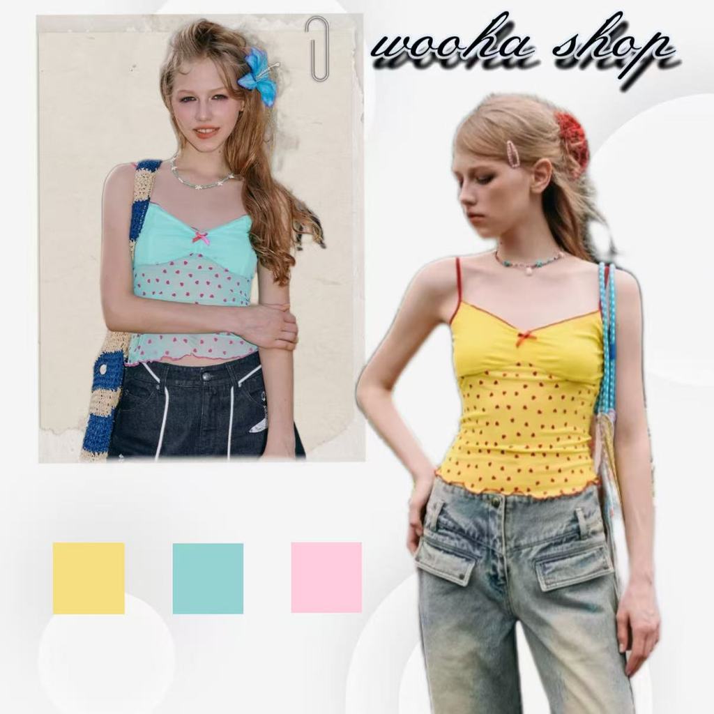 🥰wooha shop🥝เสื้อกล้ามฤดูร้อนน่ารักหวานแหวว ดีไซน์ลายจุดรูปหัวใจแบบตาข่าย และตกแต่งด้วยระบาย
