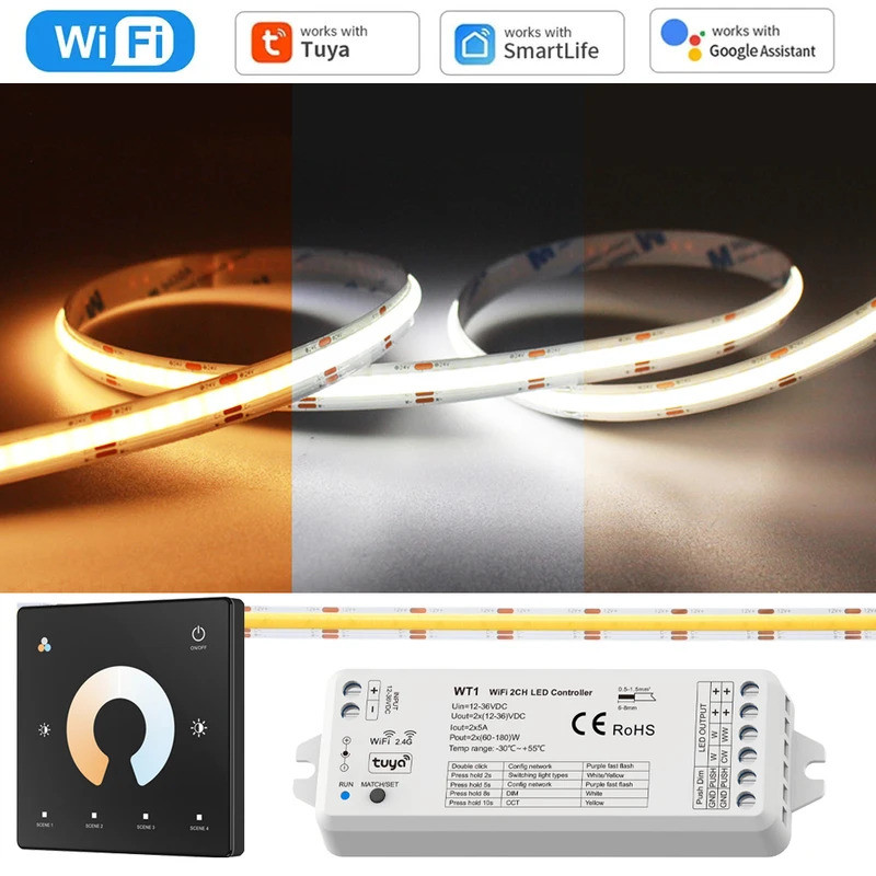 10M 20M Tuya WiFi COB CCT Led Strip 24V Dual White Room Light 2700-6500K 2.4G RF Dimming Touch Remot